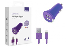 Deppa 2 USB 2,1А, дата-кабель 8-pin для Apple,фиолетовый