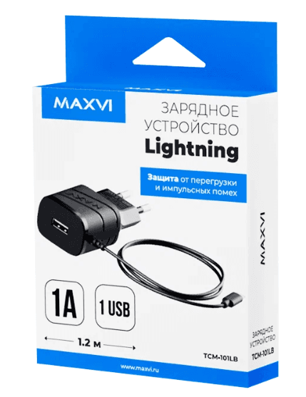 Maxvi TCM-101LB для Lightning (1A, 1USB)