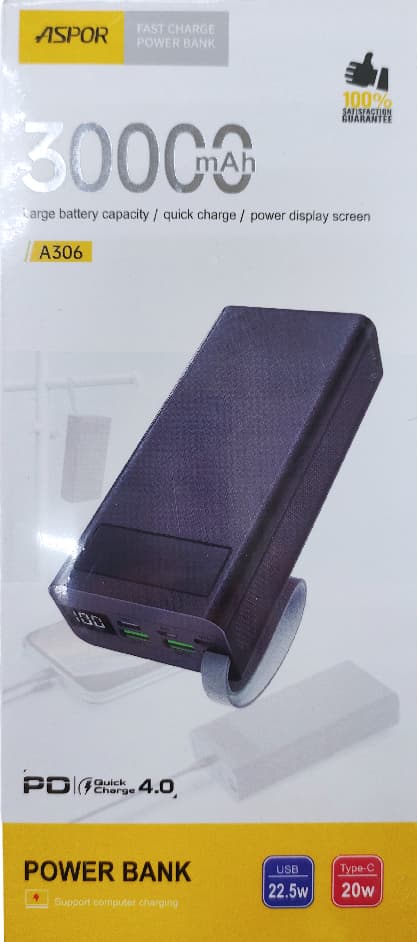 Main image of ASPOR A306 30000mAh LCD, 22.5W + 20W PD, Micro 5V/2A 9V/2A12V/1.5A, Type-C 5V/3A 9V/2A12V/1.5A, Lightning 5V/2A 9V/2A (черный)