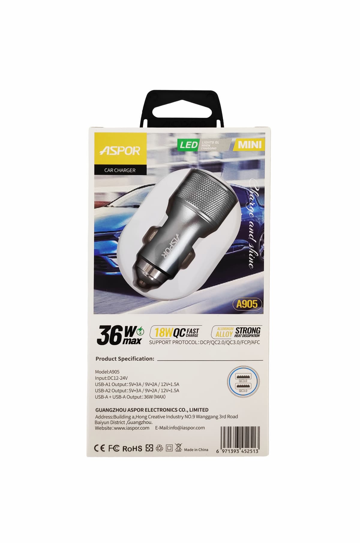 ASPOR A905 2USB, 3A 36W (черный)