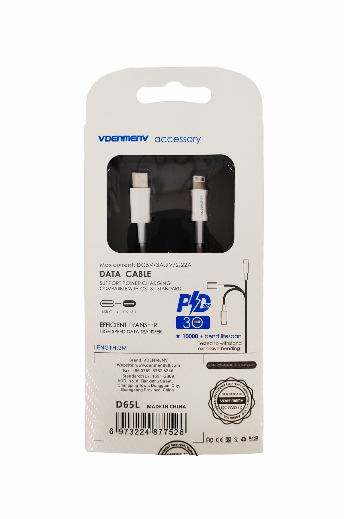 Denmen D65L Type-C - Lightning (20W, 2m)