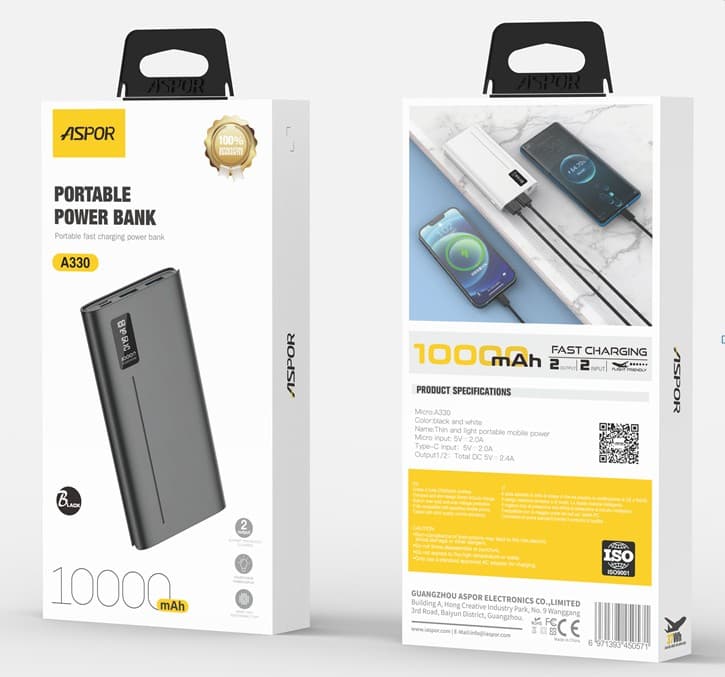 Main image of ASPOR A330 10000mAh LED, Micro 5V/2A Type-C 5V/2A, USB-A 5V/2.4A(IQ) (черный)