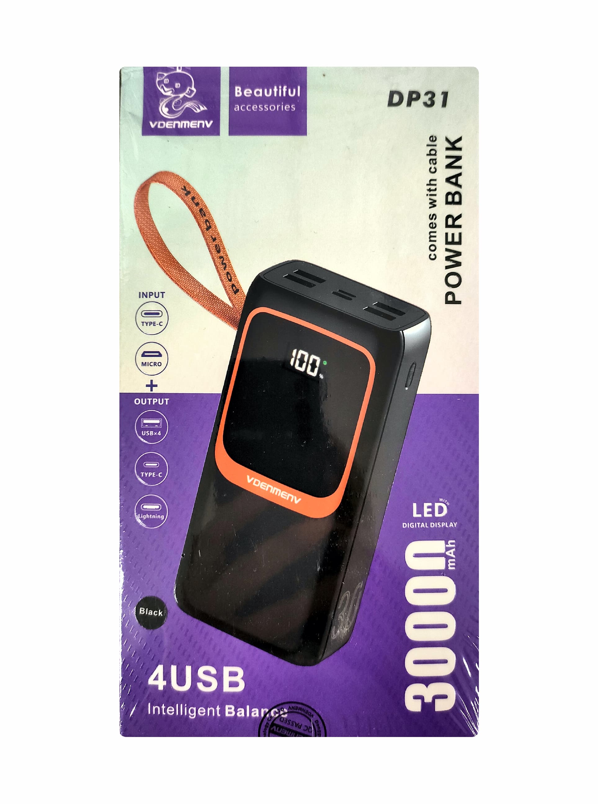 Main image of Denmen DP31 (30000mAh) 4USB+PD+microUSB, LCD 3A QC3.0 белый