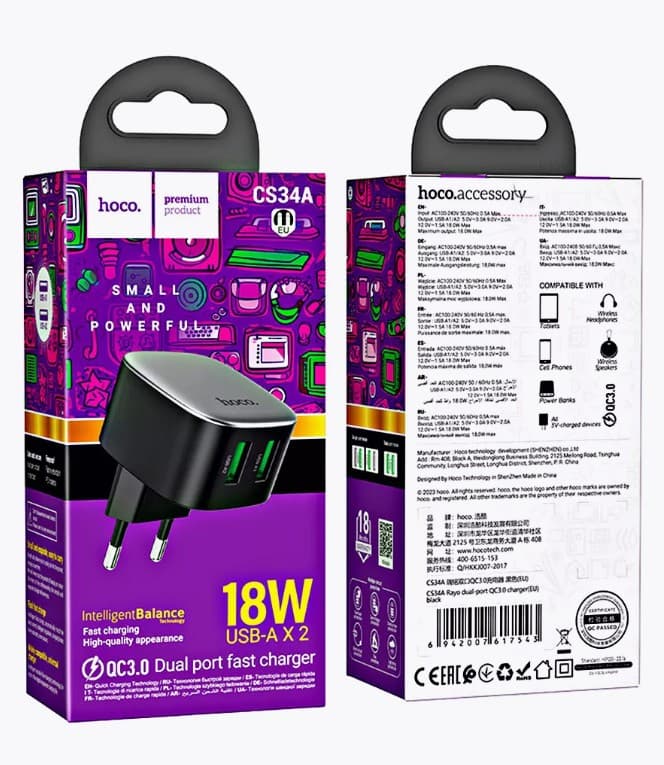 Main image of Hoco CS34A 2USB, 20W, QC3.0 (быстрая зарядка)