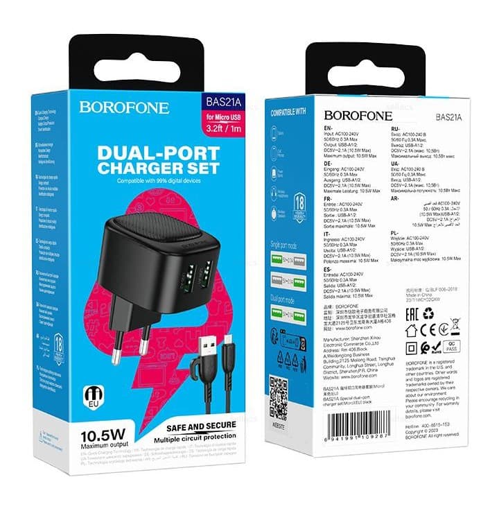 Main image of Borofone BAS21A 2USB для MicroUSB (2.1A)