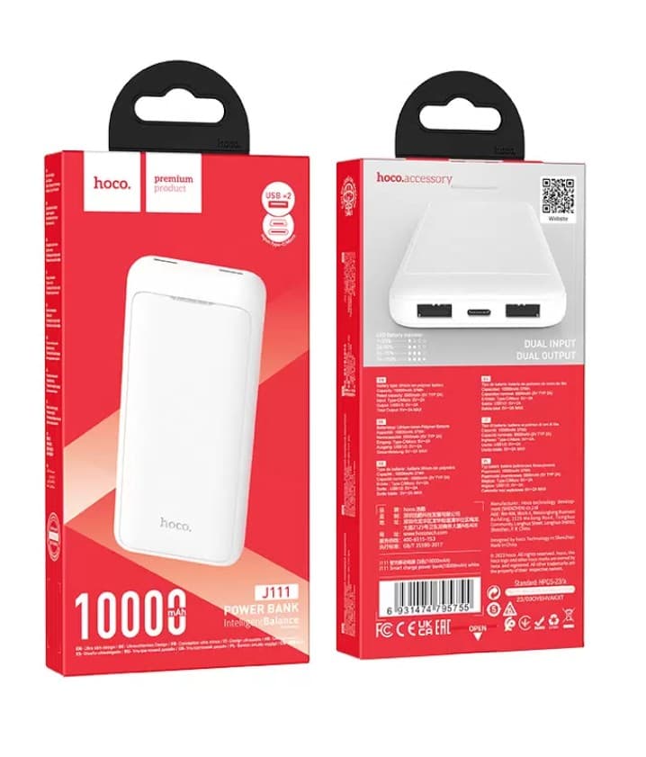 Main image of Hoco J111 10000mAh 2USB, Type-C/Micro-USB, (белый)