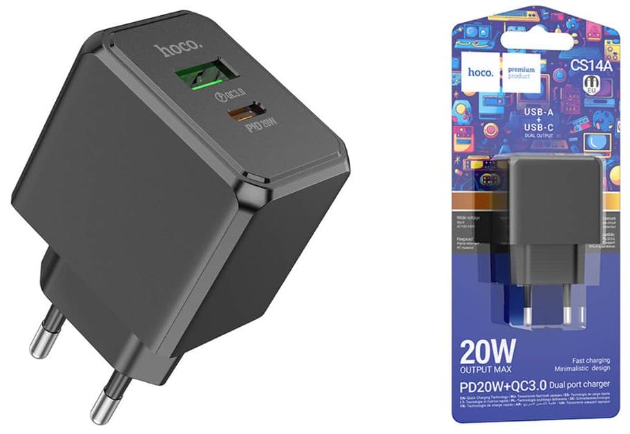 Main image of Hoco CS14A 1USB+PD, 20W, QC3.0 (быстрая зарядка)
