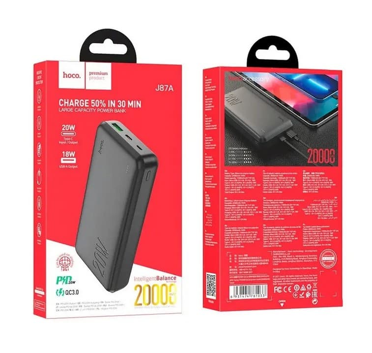 Main image of Hoco J87A 20000mAh 1USB+PD , QC 3.0 (черный)