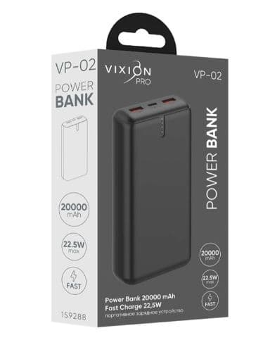 Vixion VP-02 20000mAh 2USB, 22.5W LED (черный)