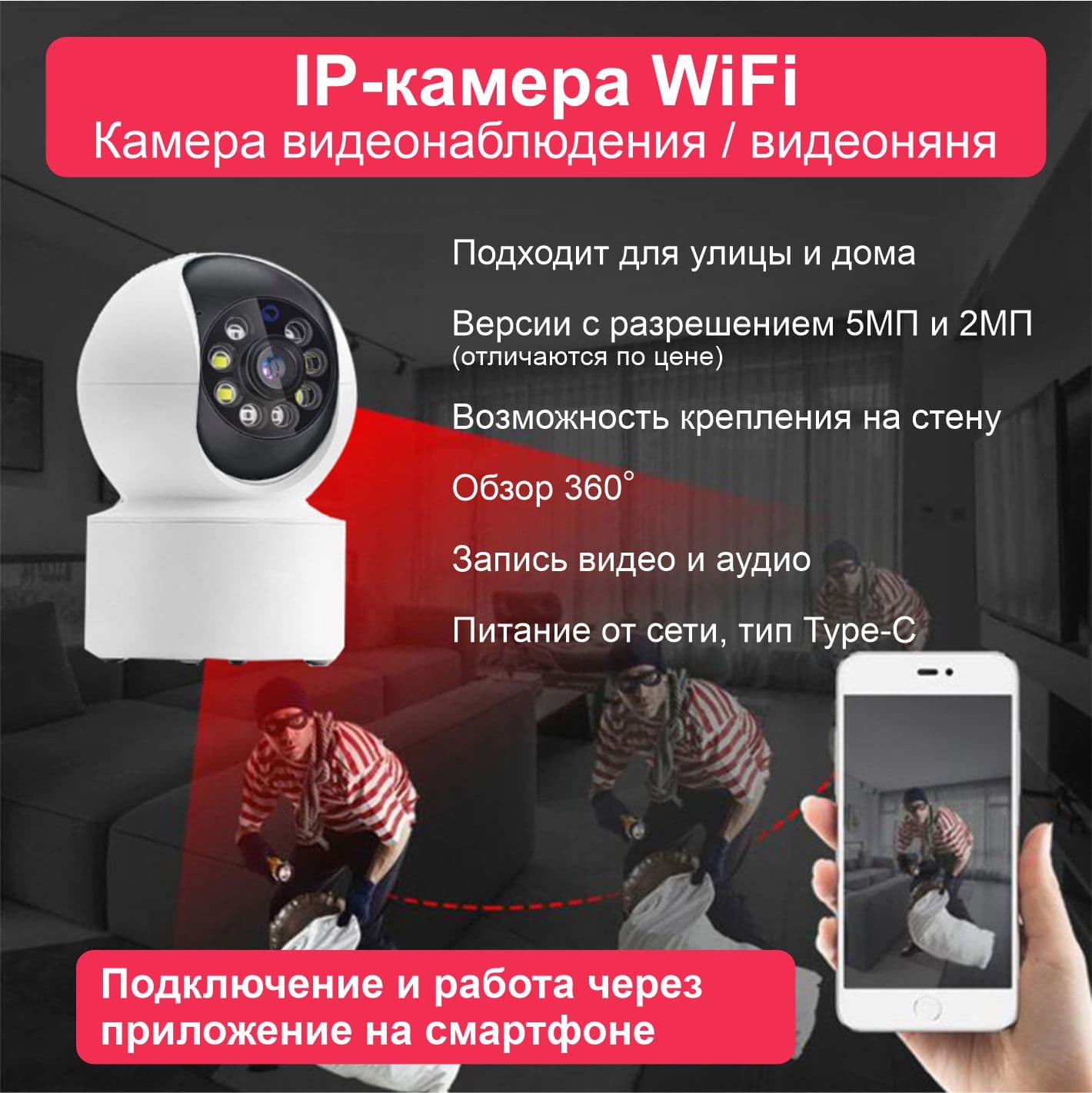 Main image of multibrand IPCAM-5MP видеонаблюдение- видеоняня, 360 градусов / MicroSD/WI-FI,Датчик движения/ ночная съемка