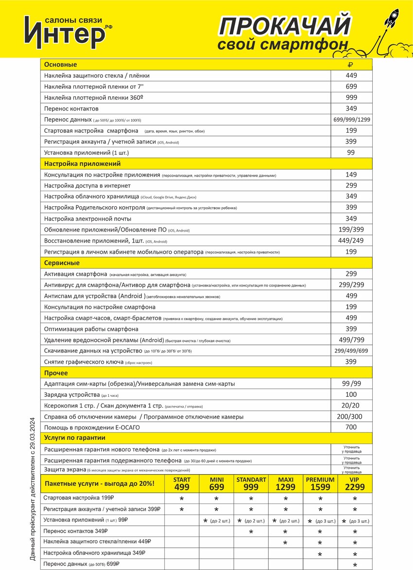 Прайс на услуги Интер.рф