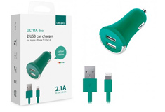 Deppa 2 USB 2,1А, дата-кабель 8-pin для Apple,бирюзовый